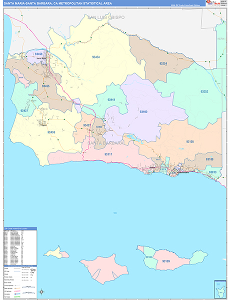 Santa Maria-Santa Barbara Metro Area Wall Map Color Cast Style